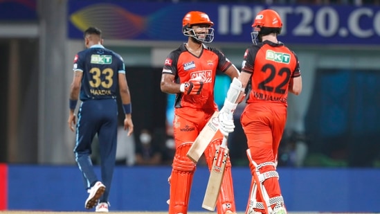Kane Williamson and Rahul Tripathi of Sunrisers Hyderabad during match 21 of the Indian Premier League 2022(PTI)