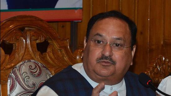 BJP national president JP Nadda addressing a press conference in Shimla on Sunday. He said the upcoming elections in Himachal will be fought under the leadership of chief minister Jai Ram Thakur. (Deepak Sansta / HT)