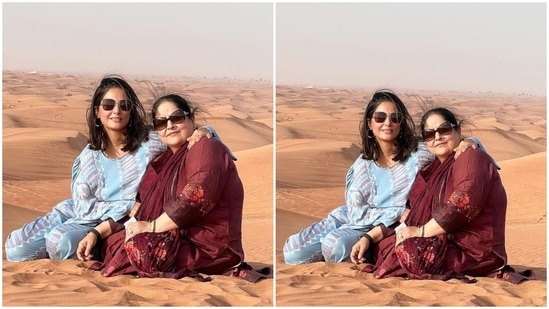 The post also shows Hina posing amid the scenic dunes dressed in a trendy co-ord outfit. She chose a multi-coloured printed ensemble that comes in a loose-fitted silhouette, making it a perfect fit for travelling and beating the heat in style.(Instagram/@realhinakhan)