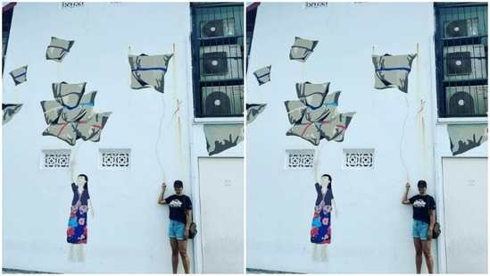 Gul is in the mood to explore. The actor posed against a painted wall. For her day out, she teamed a graphic T-shirt with a pair of denim shorts.(Instagram/@gulpanag)