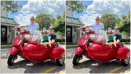 Gul and family posed in a motorcycle with sidecar with a stunning view in the backdrop.(Instagram/@gulpanag)
