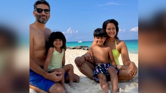 Sameera Reddy, in a swimsuit, chills with her family in the Maldives.&nbsp;