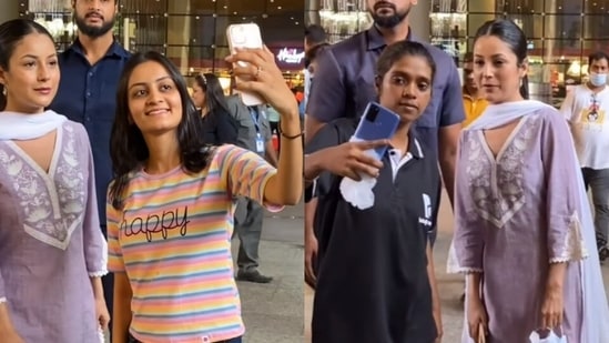 Shehnaaz Gill clicked selfies with fans at Mumbai airport.