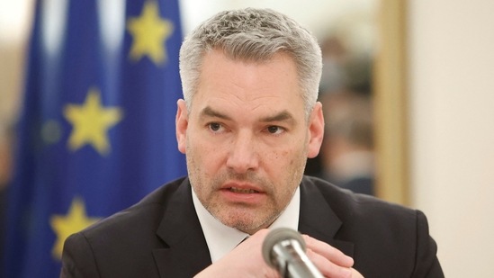 Austrian Chancellor Karl Nehammer speaks during a news conference after talks with Russian President Vladimir Putin in Moscow, Russia April 11, 2022. (REUTERS/Maxim Shemetov)