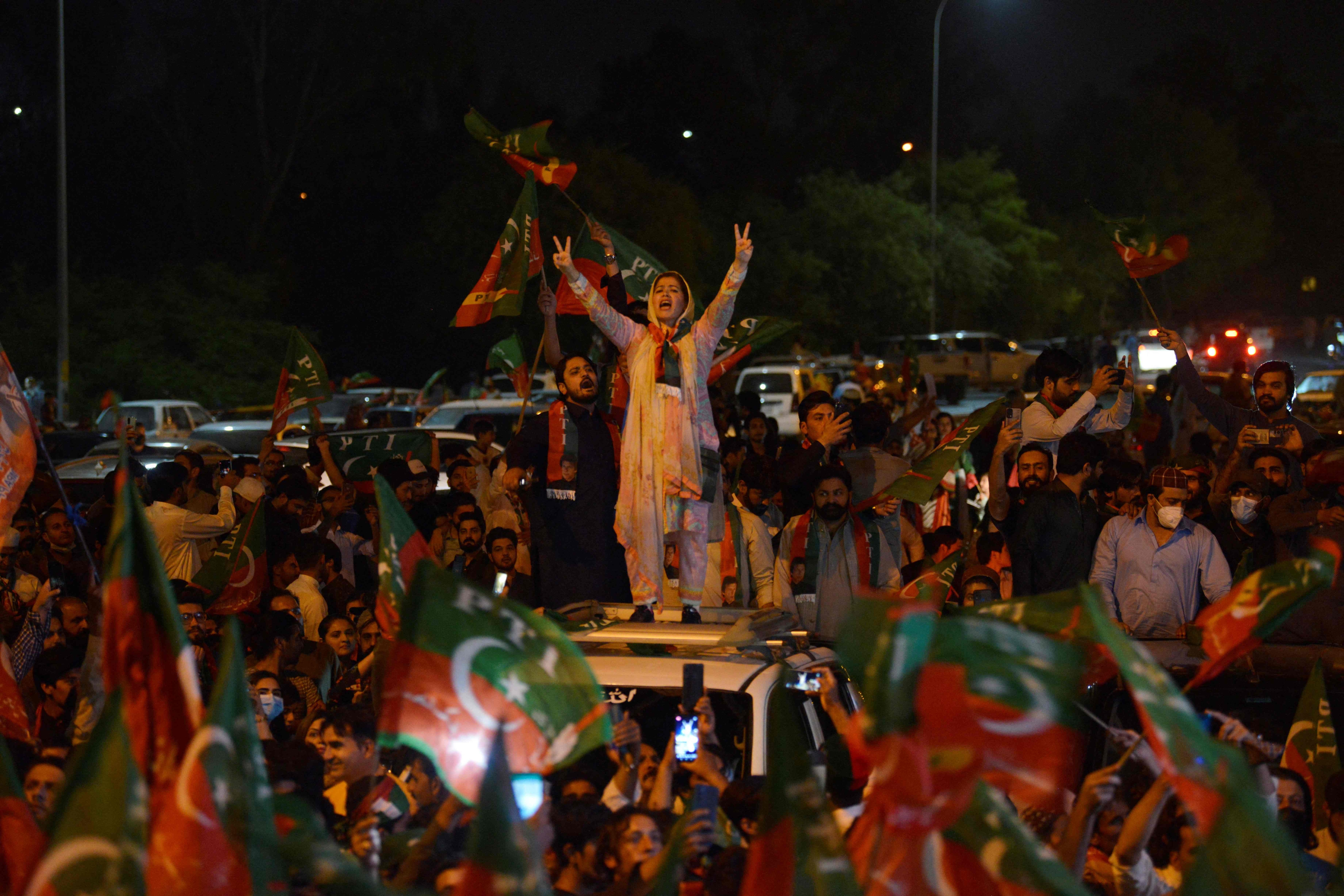 Supporters of Pakistan Tehreek-e-Insaf (PTI) party of dismissed Pakistan's Prime Minister Imran Khan, take part in a rally in his support in Islamabad. (AFP) Supporters of Pakistan Tehreek-e-Insaf (PTI) party of dismissed Pakistan's Prime Minister Imran Khan, take part in a rally in his support in Islamabad. (AFP)