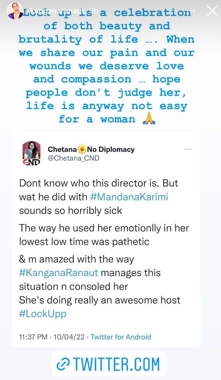 Kangana Ranaut shares a fan's tweet praising her.