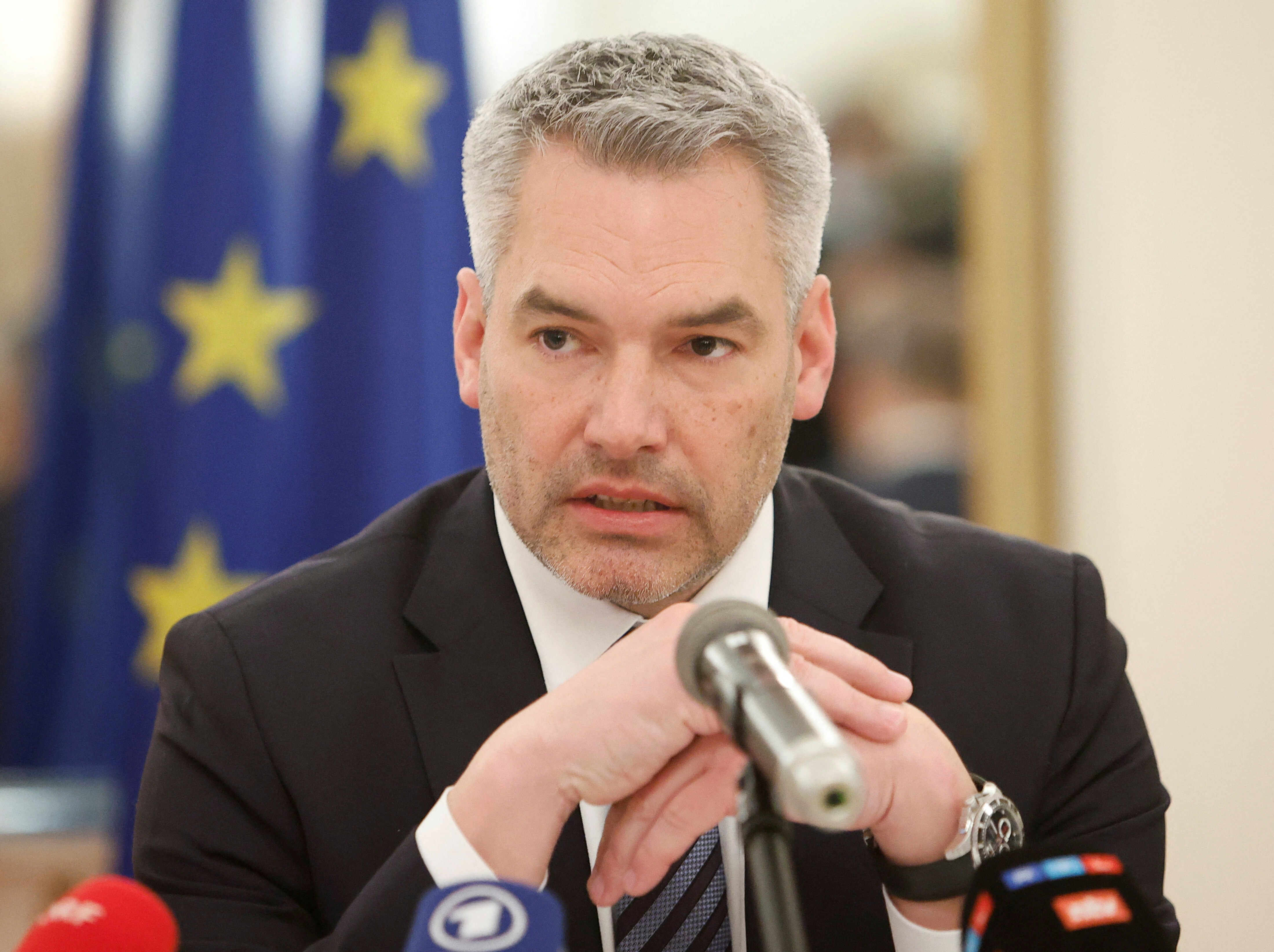 Austrian Chancellor Karl Nehammer speaks during a news conference after talks with Russian President Vladimir Putin in Moscow, Russia April 11, 2022. (REUTERS/Maxim Shemetov)