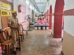 Kolkata: A security officer stands at guard outside a 'strong room', where Electronic Voting Machines (EVMs) are kept, on the eve of the Ballygunge Assembly by-polls,&nbsp;(PTI)