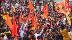 Devotees take part in a 'Ram Navami' procession in Bihar’s Bodh Gaya on Monday. (PTI PHOTO)