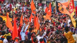 Devotees take part in a 'Ram Navami' procession in Bihar’s Bodh Gaya on Monday. (PTI PHOTO)