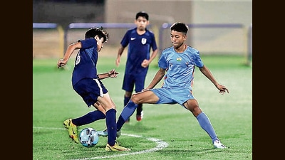Players of Minerva Academy and La Liga HPC in action during the U-12 finals of Mina Cup 2022 in Dubai on Monday. (HT Photo)