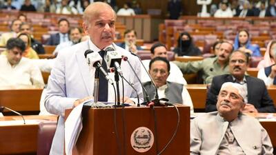 Pakistan Prime Minister Shehbaz Sharif addressing the National Assembly in Islamabad on Monday. (AFP PHOTO) Pakistan Prime Minister Shehbaz Sharif addressing the National Assembly in Islamabad on Monday. (AFP PHOTO)