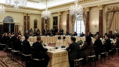 At the fourth India-US 2+2 ministerial dialogue at the State Department in Washington, US secretary of state Antony J Blinken said both sides discussed pressing global issues. (Reuters) (HT_PRINT) At the fourth India-US 2+2 ministerial dialogue at the State Department in Washington, US secretary of state Antony J Blinken said both sides discussed pressing global issues. (Reuters) (HT_PRINT)