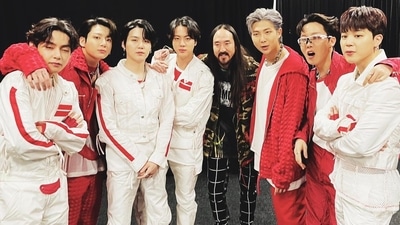 BTS members V, Jungkook, Suga, Jin, RM, J-Hope and Jimin with Steve Aoki. BTS members V, Jungkook, Suga, Jin, RM, J-Hope and Jimin with Steve Aoki.
