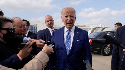 President Joe Biden speaks to reporters before boarding Air Force One at Des Moines International Airport, in Des Moines Iowa. (AP Photo/Carolyn Kaster) (AP)