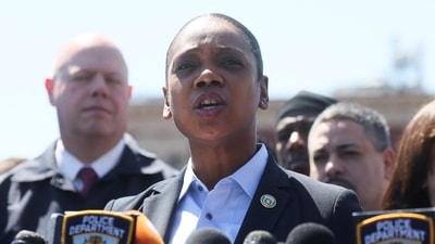 New York City Police Commissioner Keechant Sewell speaks during a news conference after a shooting at a subway station in the Brooklyn borough, in New York City, New York, US, April 12, 2022. (REUTERS/Brendan McDermid) 