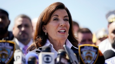 New York Governor Kathy Hochul speaks at a news conference in the Brooklyn borough of New York, Tuesday, April 12, 2022. (AP Photo/John Minchillo) New York Governor Kathy Hochul speaks at a news conference in the Brooklyn borough of New York, Tuesday, April 12, 2022. (AP Photo/John Minchillo)