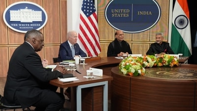 In the fourth such 2+2 dialogue, The Indian delegation was led by Home Minister Rajnath Singh and External Affairs Minister Jaishankar and the US was represented by Secretary of State Antony Blinken and Secretary of Defence Llyod Austin. (Twitter @rajnathsingh) In the fourth such 2+2 dialogue, The Indian delegation was led by Home Minister Rajnath Singh and External Affairs Minister Jaishankar and the US was represented by Secretary of State Antony Blinken and Secretary of Defence Llyod Austin. (Twitter @rajnathsingh)