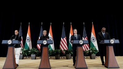 Defense Minister Rajnath Singh, External Affairs Minister Subrahmanyam Jaishankar, US Secretary of State Antony Blinken, and US Defense Secretary Lloyd Austin, at a joint news conference. (AFP) Defense Minister Rajnath Singh, External Affairs Minister Subrahmanyam Jaishankar, US Secretary of State Antony Blinken, and US Defense Secretary Lloyd Austin, at a joint news conference. (AFP)