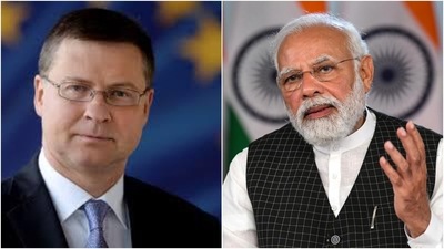 Valdis Dombroskis, EU executive Vice President for trade, and Prime Minister Narendra Modi. Valdis Dombroskis, EU executive Vice President for trade, and Prime Minister Narendra Modi.