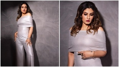 In another set of Instagram pictures, Raveena Tandon left fans mesmerised in her chic look in a silver jumpsuit. (Instagram/@officialraveenatandon)