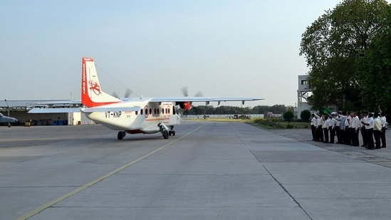 Accompanied by senior government officers, Jyotiraditya Scindia and Kiren Rijiju boarded the flight at the Mohanbari airport in Assam's Dibrugarh for Pasighat in neighbouring Arunachal Pradesh.(ANI)