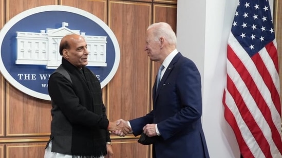 Defence Minister Rajnath Singh also shared a picture of him with Biden on Twitter and wote, “Met with the US President Mr. Joe Biden at the White House in Washington today. Attended the India-US virtual summit which was addressed by India's Prime Minister Shri Narendra Modi and the US President.”(Twitter @rajnathsingh)