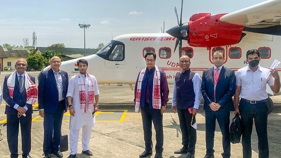 Alliance Air's 17 seater Made-in-India Dornier 228 aircraft deployed for its first commercial flight on the Dibrugarh-Pasighat route on Tuesday with Union ministers Jyotiraditya Scindia and Kiren Rijiju on board.&nbsp;(PTI)