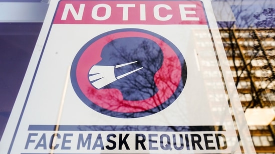 FILE - A sign requiring masks as a precaution against the spread of the coronavirus on a store front.(AP)