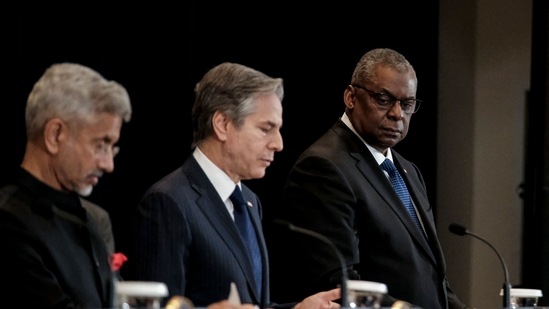 External Affairs Minister Subrahmanyam Jaishankar, US Secretary of State Antony Blinken, and US Defense Secretary Lloyd Austin.(AFP)