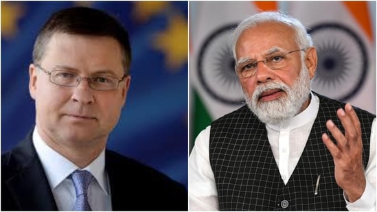 Valdis Dombroskis, EU executive Vice President for trade, and Prime Minister Narendra Modi.