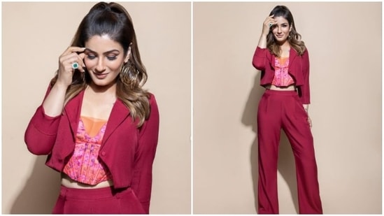 Earlier, Raveena Tandon shared some beautiful photos of herself in a vibrant pink co-ord set teamed with a corset inspired top.(Instagram/@officialraveenatandon)