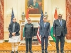 (From left) Defence minister Rajnath Singh, external affairs minister S Jaishankar, US secretary of state Antony Blinken and US defence secretary Lloyd Austin, in Washington. (PTI)