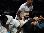 Champions League - Quarter Final - Second Leg - Real Madrid v Chelsea - Santiago Bernabeu, Madrid, Spain - April 12, 2022 Real Madrid's Karim Benzema celebrates scoring their second goal with teammates&nbsp;