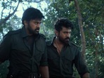 Actor Chiranjeevi and his son Ram Charan in a still from the Acharya trailer. Actor Chiranjeevi and his son Ram Charan in a still from the Acharya trailer.