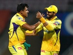 Sri Lanka's Maheesh Theekshana celebrates with CSK captain Ravindra Jadeja
