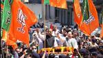 BJP president JP Nadda with Himachal Pradesh chief minister Jai Ram Thakur and other party leaders during a roadshow in Shimla on April 9. (Deepak Sansta/HT)