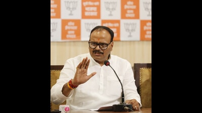 Deputy chief minister Brijesh Pathak addressing a press conference at BJP headquarter in Lucknow on Wednesday. (Deepak Gupta/HT Photo) Deputy chief minister Brijesh Pathak addressing a press conference at BJP headquarter in Lucknow on Wednesday. (Deepak Gupta/HT Photo)