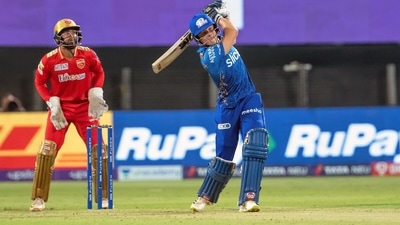 Pune, Apr 13 (ANI): Mumbai Indians Dewald Brevis plays a shot during the Indian Premier League 2022 cricket match between Mumbai Indians and Punjab Kings, at the MCA International Stadium in Pune on Wednesday. (ANI Photo/IPL Twitter) (ANI)