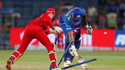 Pune, Apr 13 (ANI): Mumbai Indians Kieron Pollard gets runout during the Indian Premier League 2022 match between Mumbai Indians and Punjab Kings, at the MCA International Stadium in Pune on Wednesday. (ANI Photo/IPL Twitter)
 (ANI)