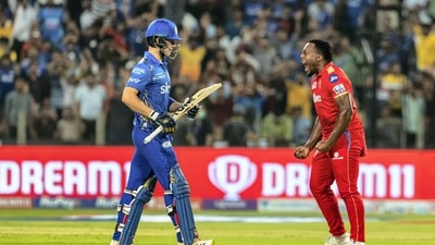 Pune: Odean Smith of Punjab Kings celebrates the wicket of Dewald Brevis of Mumbai Indians during the Indian Premier League 2022 cricket match between Mumbai Indians and Punjab Kings, at the MCA International Stadium in Pune, Wednesday, April 13, 2022. (Sportzpics/PTI Photo)  (PTI04_13_2022_000227B) (PTI)