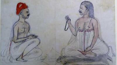 Gangaram has painted depicting him, in red turban sitting with his Guru with rosary beads in his hand. (SOURCED)