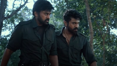 Actor Chiranjeevi and his son Ram Charan in a still from the Acharya trailer. Actor Chiranjeevi and his son Ram Charan in a still from the Acharya trailer.