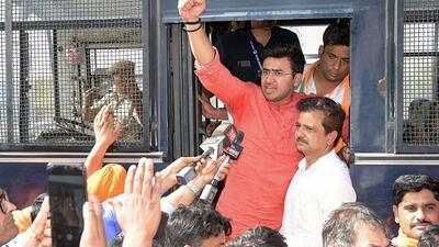 BJP Yuva Morcha national president and member of Parliament Tejasvi Surya was stopped by the police while leading a Nyay Yatra (justice rally) towards violence-hit Karauli district in Rajasthan. (PTI) BJP Yuva Morcha national president and member of Parliament Tejasvi Surya was stopped by the police while leading a Nyay Yatra (justice rally) towards violence-hit Karauli district in Rajasthan. (PTI)