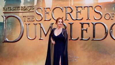 British writer J.K Rowling poses on the red carpet after arriving to attend the World Premiere of the film "Fantastic Beasts: The Secrets of Dumbledore" in London on March 29. (AFP/FILE) British writer J.K Rowling poses on the red carpet after arriving to attend the World Premiere of the film "Fantastic Beasts: The Secrets of Dumbledore" in London on March 29. (AFP/FILE)