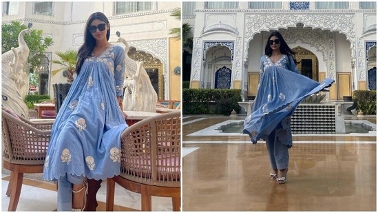 Mouni Roy is having the time of her life going places and exploring different cultures. The actor is currently in Jaipur and she recently shared some stunning photos of herself from Jaipur Marriott wearing a pastel blue salwar set.(Instagram/@imouniroy)
