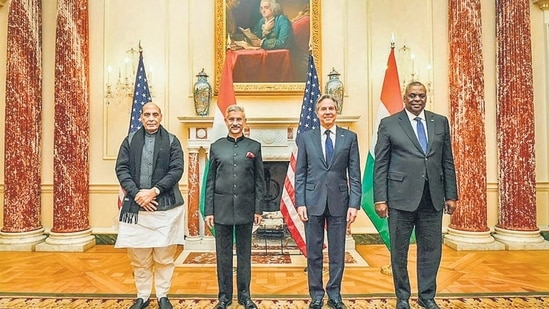 (From left) Defence minister Rajnath Singh, external affairs minister S Jaishankar, US secretary of state Antony Blinken and US defence secretary Lloyd Austin, in Washington. (PTI)