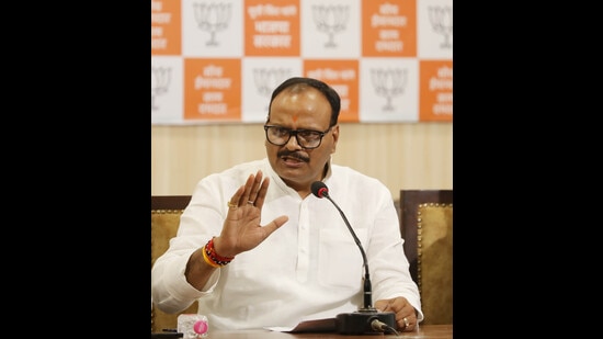 Deputy chief minister Brijesh Pathak addressing a press conference at BJP headquarter in Lucknow on Wednesday. (Deepak Gupta/HT Photo)