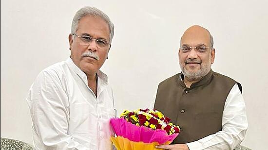 Chhattisgarh chief minister Bhupesh Baghel met union home minister Amit Shah in New Delhi on Wednesday. (PTI)