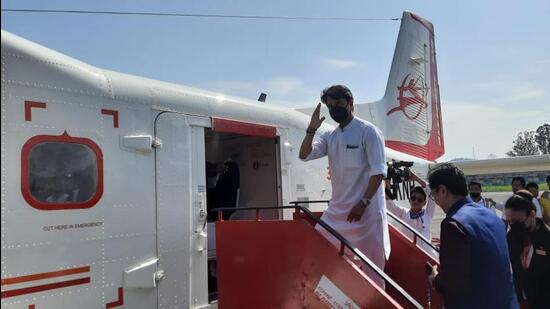 Union civil aviation minister Jyotiraditya Scindia boards the Dornier-228 aircraft on its maiden commercial flight from Dibrugarh in Assam to Pasighat in Arunachal Pradesh on Tuesday. (TWITTER)